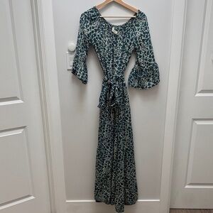 Natalie Martin Teal and Cream Floral Maxi Dress with Tie Waist